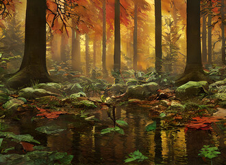 Fototapeta premium Nature Tree Landscape Foliage Fog Green Morning Forest Light Misty Foggy Woods Woodland Autumn Summer Leaves Path Sunlight Fall Park Wood Mist Sun Trees Leaf