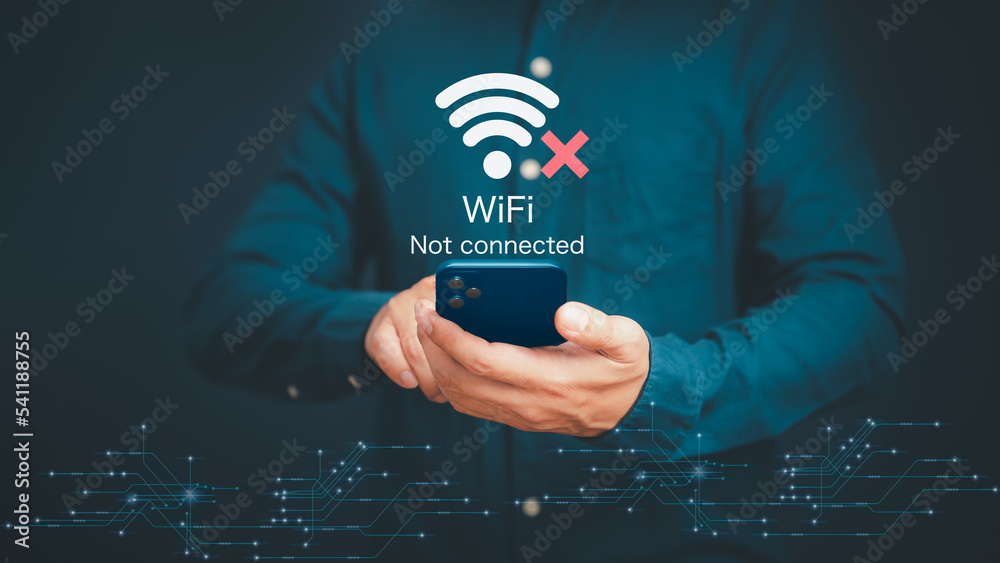 Poster Man using a mobile phone to connect to wifi but wifi not connected, and waiting to loading digital business data form website, concept technology of waiting for connect to wifi by smartphone.
