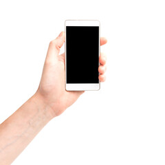 Mobile phone in hand hold smartphone with black screen in PNG isolated on transparent background