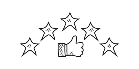 Five star rating positive feedback. doodle thumbs up. Hands of satisfied and happy people choose five gold stars that give positive feedback. hand drawn style. vector illustration