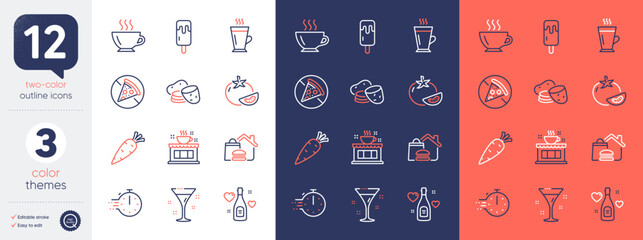 Set of Coffee, Ice cream and Food delivery line icons. Include Cocktail, Tomato, Latte icons. Love champagne, Coffee shop, Carrot web elements. Potato, Prohibit food, Cooking timer. Cappuccino. Vector