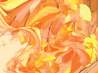 Red-orange-yellow autumn leaves for backgrounds or textures. Bright foliage of grapes in daylight for interior solutions, fabric, scrapbooking, covers, fashion trends, wallpaper, textiles, etc.