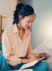 Woman, book and writing on bed for planning, dream or goal in bedroom while home. Girl, notebook...