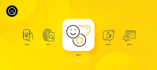 Fototapeta na wymiar Inspect, Electric app and Smile minimal line icons. Yellow abstract background. Fitness calendar, Like icons. For web, application, printing. Vector