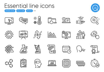 Settings blueprint, Touch screen and Chemistry lab line icons. Collection of Ram, Quarantine, Dollar rate icons. Online statistics, Cloud network, Wind energy web elements. Certificate. Vector