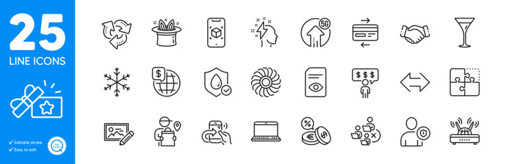 Outline icons set. View document, Delivery man and Brainstorming icons. 5g upload, Waterproof, Currency exchange web elements. World money, Remove team, Credit card signs. Snowflake. Vector