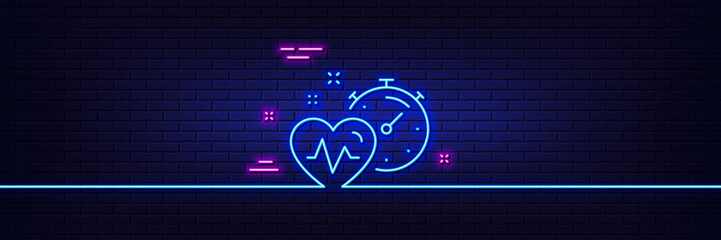 Neon light glow effect. Cardio training timer line icon. Fat burning time sign. Gym fit heartbeat symbol. 3d line neon glow icon. Brick wall banner. Cardio training outline. Vector
