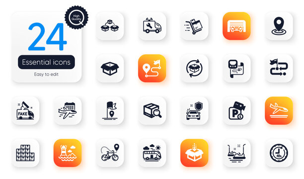 Set of Transportation flat icons. Location, Bus travel and Open box elements for web application. 48 hours, Arrivals plane, Journey icons. Lighthouse, Parking garage, Parking security elements. Vector