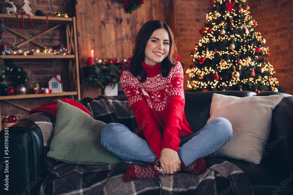 Sticker Full size portrait of attractive peaceful girl sit sofa have good mood fairy miracle time house indoors