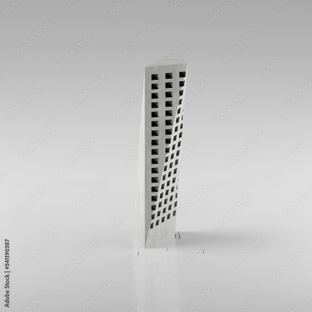 Poster 3d render of a modern building model, architecture experimental concept.