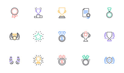 Award line icons. Winner medal, Victory cup and Trophy reward. Achievement linear icon set. Bicolor outline web elements. Vector
