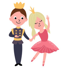 The prince with the princess hold hands. White background, isolate. Vector illustration. Drawn style.
