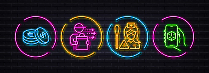 Nurse, Food delivery and Savings minimal line icons. Neon laser 3d lights. 3d app icons. For web, application, printing. Swab test, Courier, Cash coins. 3d technology. Neon lights buttons. Vector