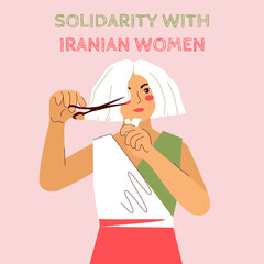 Woman dressed iranian flag colors, holds scissors and tuft of hair. International hair cutting challenge in solidarity with women of Iran. Protest against violence and discrimination. Vector.