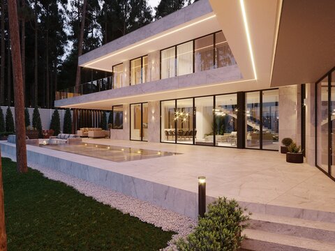 Modern villa with a pool and panoramic windows in the forest. 3D visualization. The unique facade of the house. House with terraces
