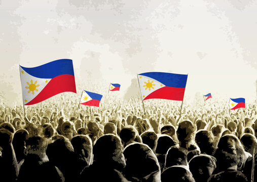 Crowd with the flags of Philippines, people cheering national team of Philippines. Ai generated illustration of crowd.