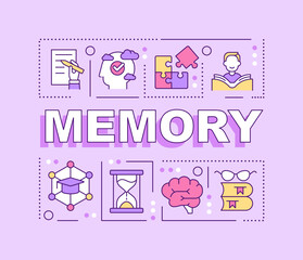 Memory word concepts pink banner. Memorizing process. Learn new things. Infographics with editable icons on color background. Isolated typography. Vector illustration with text. Arial-Black font used