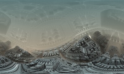 Wavy spherical panorama of fictional urban pattern, temple structure or 3d map of ancient fortress. Futuristic digital artwork fading in fog. Two worlds. Monochromatic rocky mesh. Fantasy concept. - 541190981