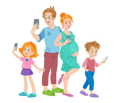 Happy family takes a selfie. Father, pregnant mother, son and daughter with smartphones in their hands. In cartoon style. Isolated on white background. Vector flat illustration. 