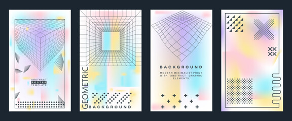Templates of posters, covers, booklets with abstract geometric shapes in the style of brutalism