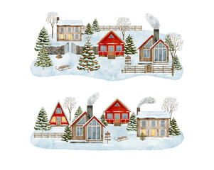 Winter countryside scene illustrations set. Hand drawn Christmas houses with snowy trees landscape isolated on white background. Cute holiday village design with wood cabins and fence - obrazy, fototapety, plakaty