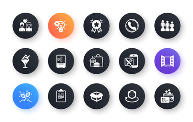 Minimal set of Open door, Fast food and Ice cream flat icons for web development. Refrigerator, Food app, Call center icons. Ranking star, Seo idea, Augmented reality web elements. Vector