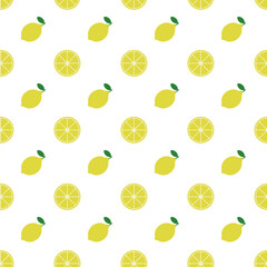 Lemon, seamless pattern, vector. Pattern of yellow lemons and lemon slices on a white background.
