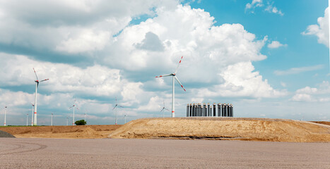 Construction site. concrete foundation of wind turbines with concrete and steel. building wind...
