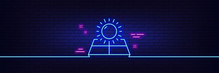 Neon light glow effect. Sun energy line icon. Solar panels sign. Ecology power symbol. 3d line neon glow icon. Brick wall banner. Sun energy outline. Vector