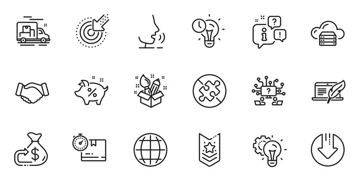 Outline set of Globe, Cardboard box and Time management line icons for web application. Talk, information, delivery truck outline icon. Include Handshake, Targeting, Teamwork question icons. Vector