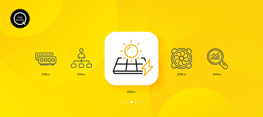 Fototapeta na wymiar Ram, Solar panels and Computer fan minimal line icons. Yellow abstract background. Management, Data analysis icons. For web, application, printing. Vector