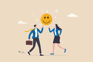 Employee happiness, job satisfaction or company benefit, happy workplace or positive attitude, work motivation concept, happy businessman and woman holding smiling face symbol in joyful workplace.
