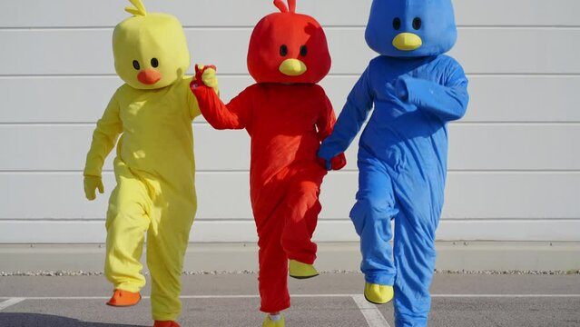 Cinematic video of friends wearing funny bird costumes having fun outdoor in a parking lot. Colored mascots dancing and making party outside. representation of carefree and freedom concepts