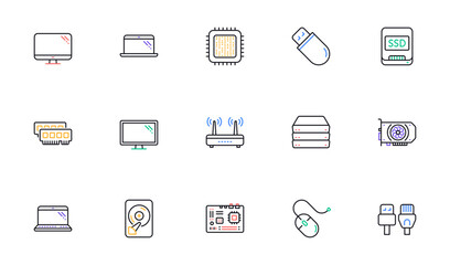 Computer device line icons. Motherboard, CPU and Laptop. SSD memory linear icon set. Bicolor outline web elements. Vector