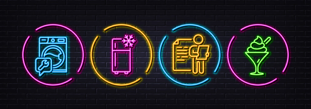 Washing Machine, Job Interview And Refrigerator Minimal Line Icons. Neon Laser 3d Lights. Ice Cream Icons. For Web, Application, Printing. Repair Service, Cv File, Kitchen Fridge. Vector