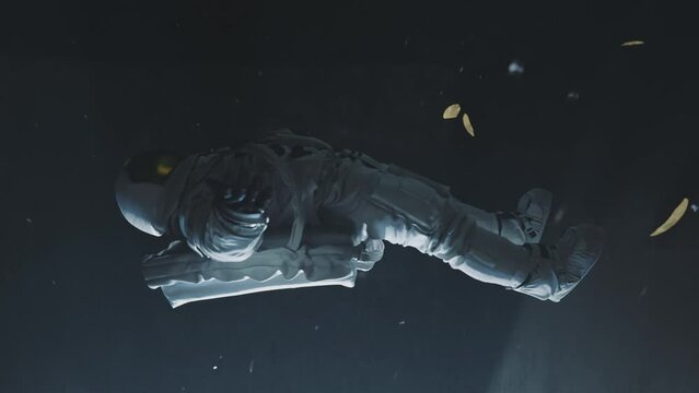 Astronaut with spread arms falling down at zero gravity into the light. Sci-fi animation. Spaceship interior. Freefall. Slow motion.