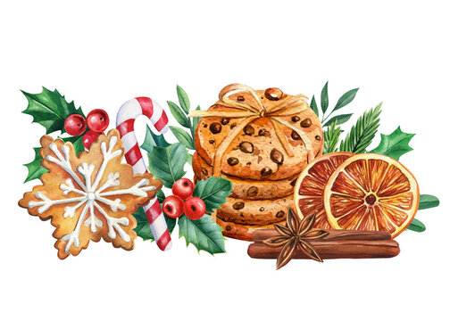 Chocolate biscuits. Christmas sweets, isolated background, watercolor painting. Cookies, cacao, gingerbread and orange. Illustrations for invitation, greeting cards, printable and poster.