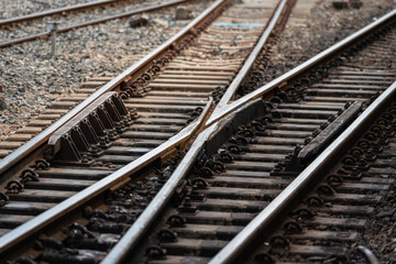 Fototapeta na wymiar Train railway or track structure. Transportation and industrial logistic equipment background.