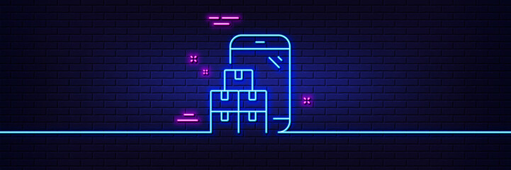 Neon light glow effect. Mobile inventory line icon. Wholesale app sign. Warehouse boxes symbol. 3d line neon glow icon. Brick wall banner. Mobile inventory outline. Vector