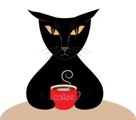 Fototapeta na wymiar A black cat drinks hot coffee from a red cup at dawn
