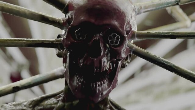 Bloody zombie with metal pipes in the skull in a bright corridor of a spaceship or a laboratory. Clip 3 of 4. Sci fi horror scene. Photorealistic animation. Cinematic grading.