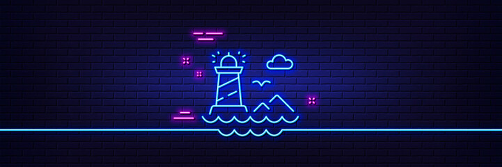 Neon light glow effect. Lighthouse line icon. Beacon tower sign. Searchlight building symbol. 3d line neon glow icon. Brick wall banner. Lighthouse outline. Vector