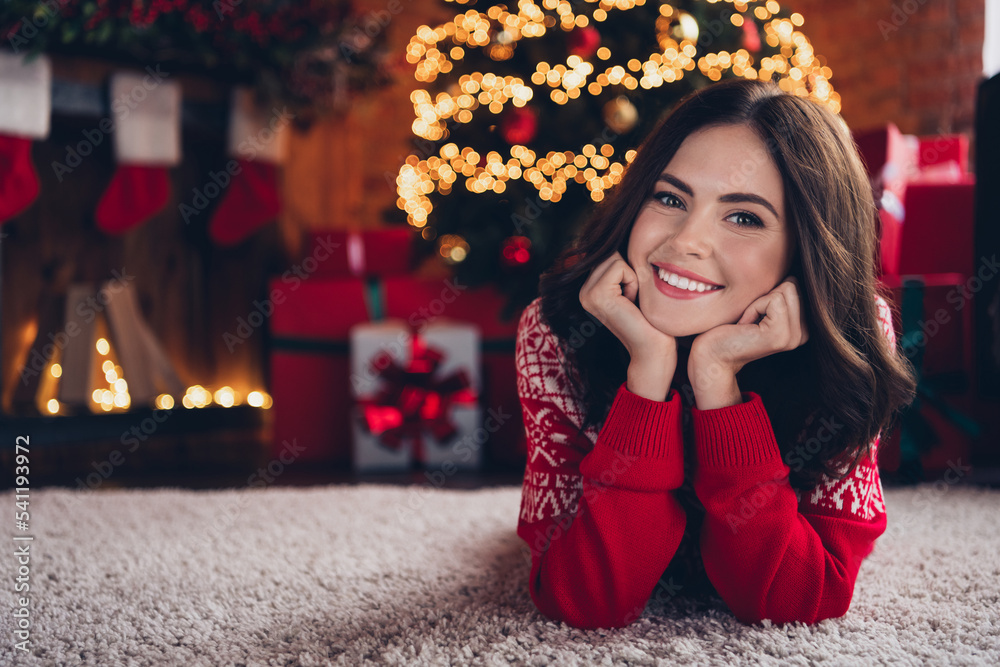 Canvas Prints Photo of charming cheerful person lay carpet floor arms touch cheeks toothy smile festive miracle indoors