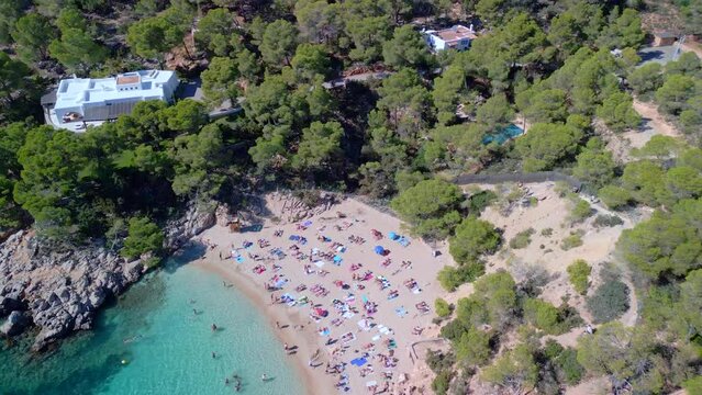 Popular dream beach for locals and tourists. Amazing aerial view flight tilt up drone
of Ibiza cala Salada Saladeta beach at summer 2022. 4k marnitz Cinematic