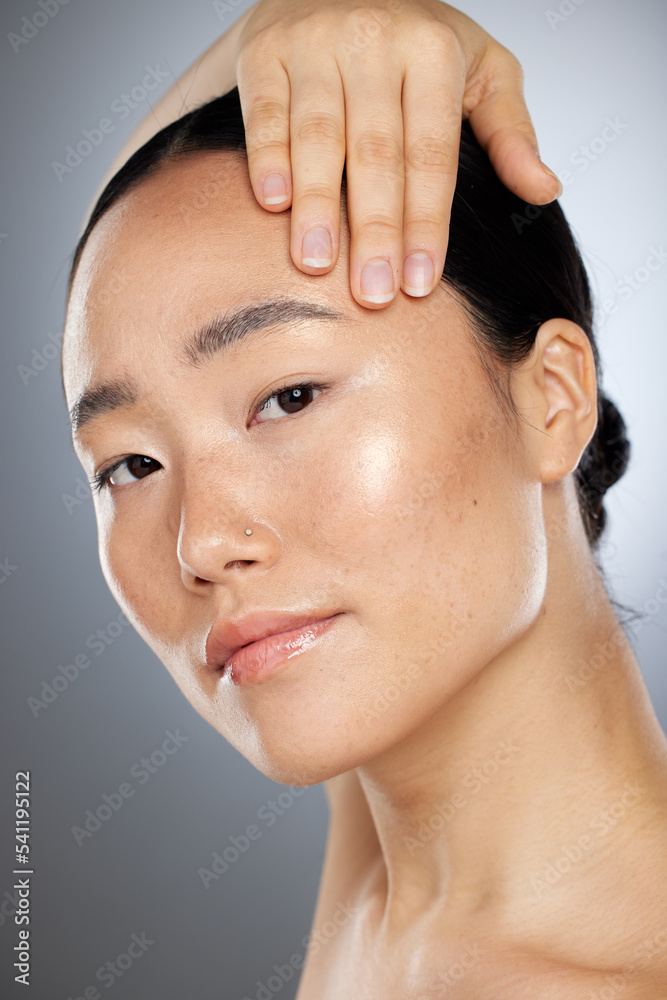 Poster Beauty, asian woman and skincare, wellness and aesthetic cosmetics, self care and glowing skin on studio background. Portrait Japanese female model, collagen face filler and natural body dermatology