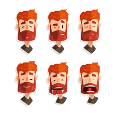 Cute Redhead Bearded Man Head with Different Facial Expression Vector Set
