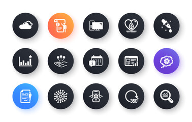 Minimal set of Consolidation, Cloudy weather and Web report flat icons for web development. Coronavirus, Cogwheel, 360 degrees icons. Computer, Efficacy, Augmented reality web elements. Vector