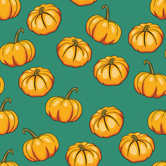 Seamless pattern with halloween pumpkins on color background. Scary and funny faces. Cute Pumpkin or ghost. Vector autumn holidays illustration