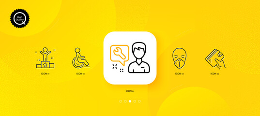 Fototapeta na wymiar Medical mask, Wallet and Repairman minimal line icons. Yellow abstract background. Winner, Disability icons. For web, application, printing. Respirator, Money budget, Repair service. Vector