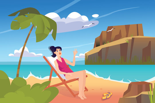 Beach concept with people scene in the background cartoon design. Girl is sunbathing on a sunbed near the sea and palm trees. Vector illustration.